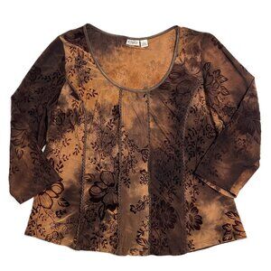 Cato Top XL Burnout Velvet Stretch Y2k Fairy Grunge Brown Lace Sheer 3/4 Sleeve